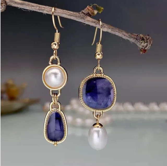 Vintage Blue Stone and Pearl Earrings