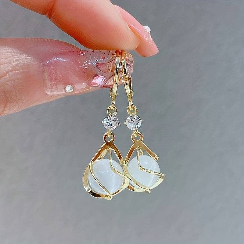 Vintage White Opal Dangle Earrings in Gold