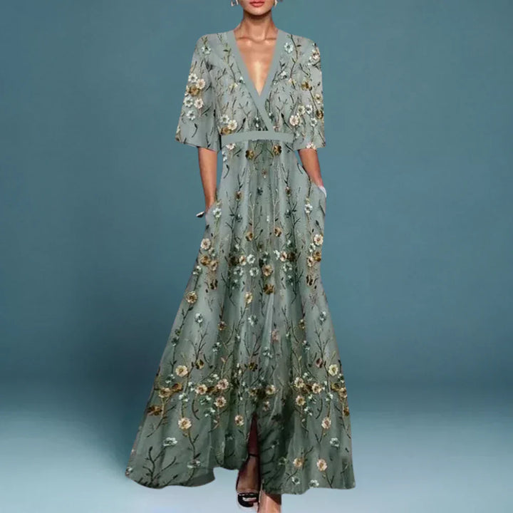 Ruby | Maxi-jurk met V-hals en bloemenprint en riem