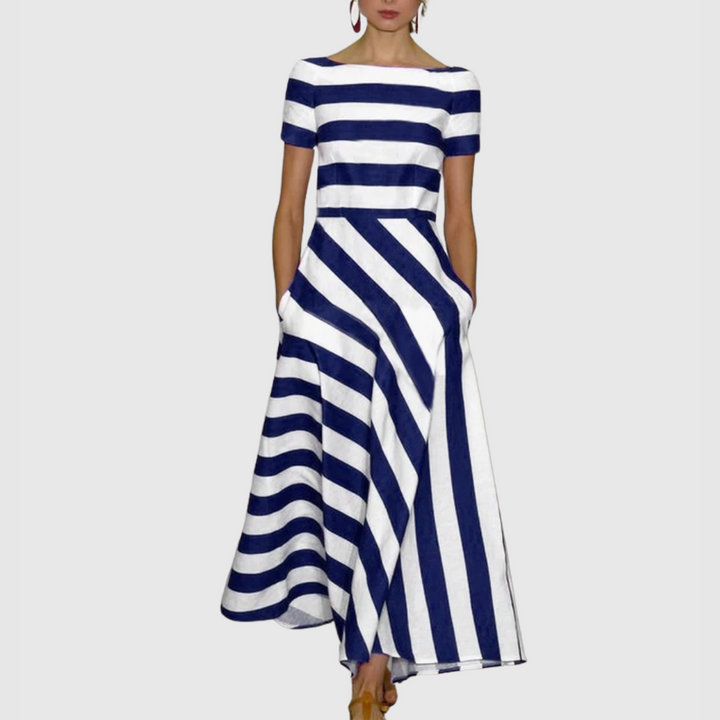 Madeline - Vonda gestreepte off-shoulder maxi-jurk