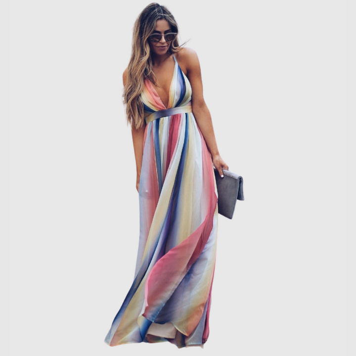 Clover - Bohemian regenboog geprinte lange jurk 