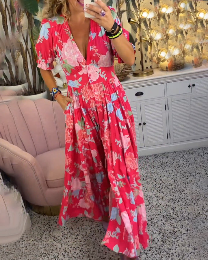 Reagan - V-hals korte mouwen bloemen maxi-jurk
