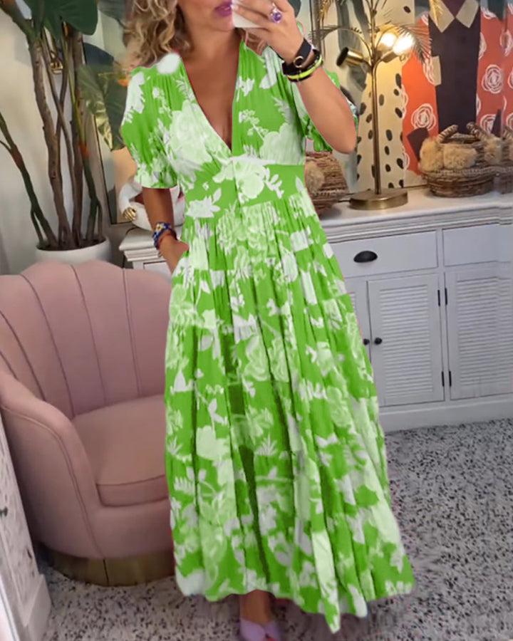Reagan - V-hals korte mouwen bloemen maxi-jurk