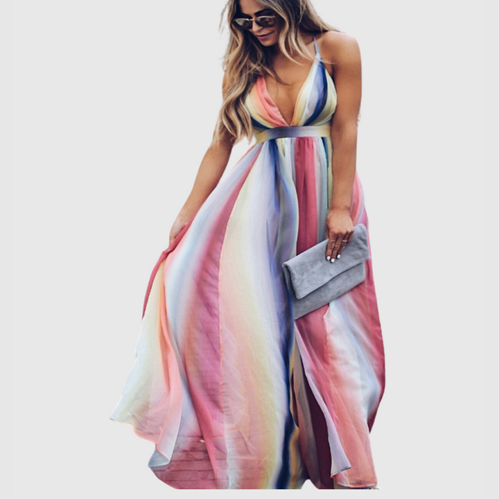 Clover - Bohemian regenboog geprinte lange jurk 
