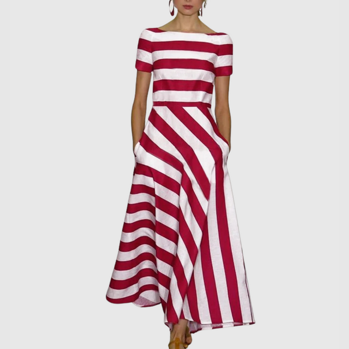 Madeline - Vonda gestreepte off-shoulder maxi-jurk