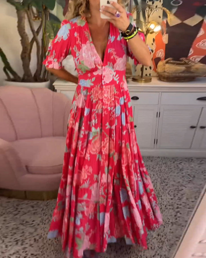 Reagan - V-hals korte mouwen bloemen maxi-jurk