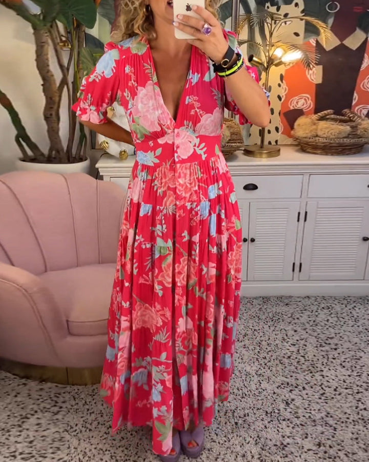 Reagan - V-hals korte mouwen bloemen maxi-jurk