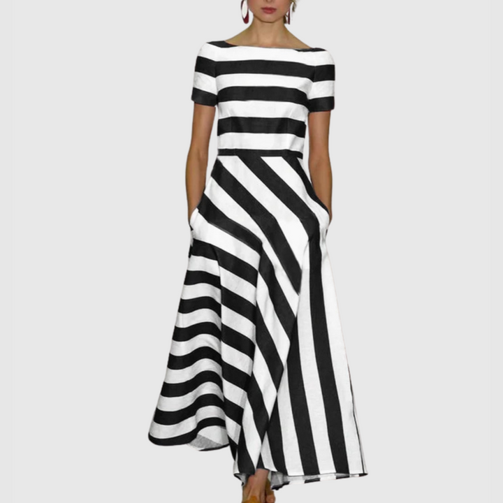Madeline - Vonda gestreepte off-shoulder maxi-jurk
