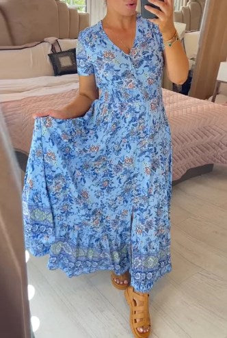 Ellie - Elegante jurk met bloemenprint en V-hals en plooien