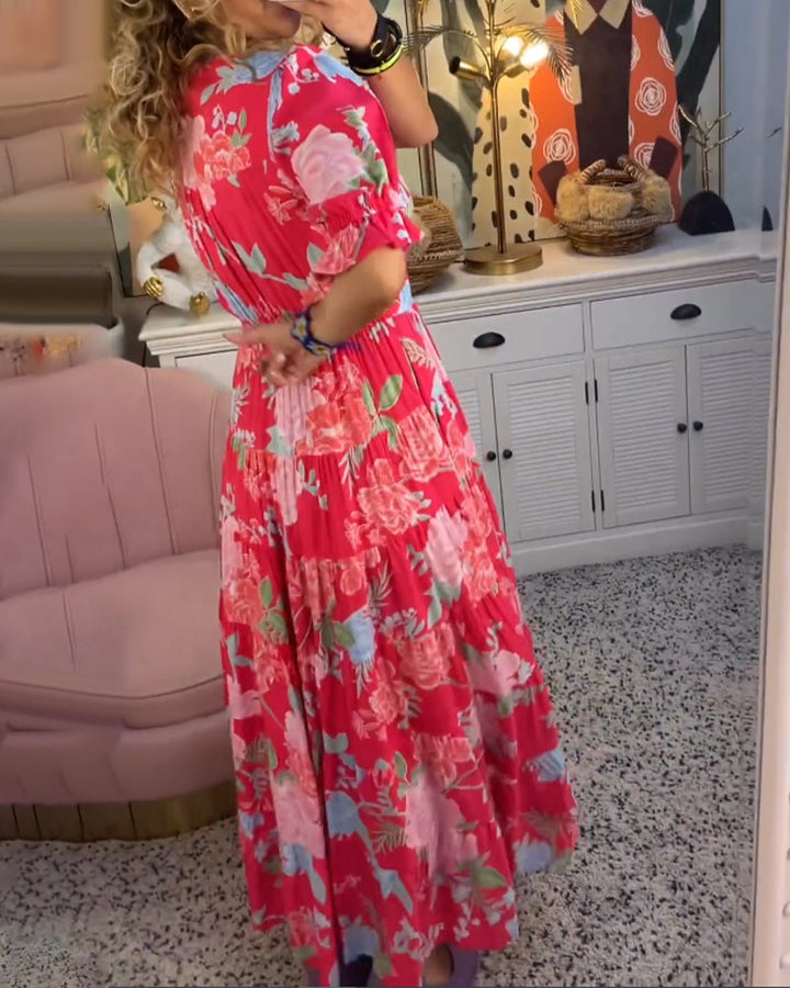 Reagan - V-hals korte mouwen bloemen maxi-jurk