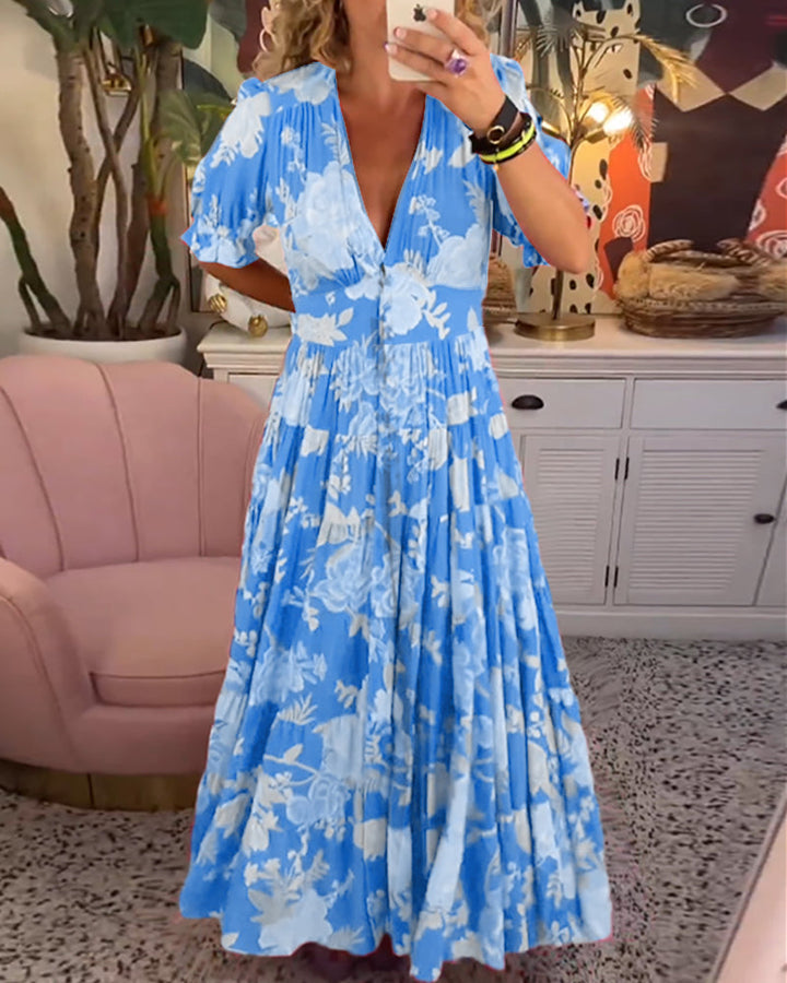 Reagan - V-hals korte mouwen bloemen maxi-jurk