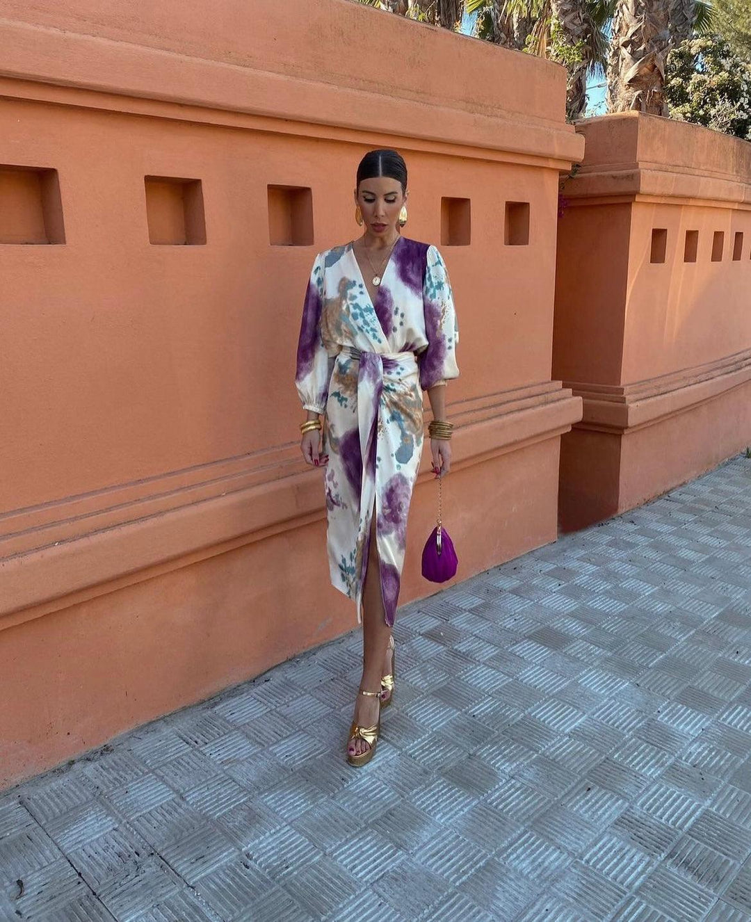 Davina - Elegante V-hals maxi-jurk met lange mouwen en split 