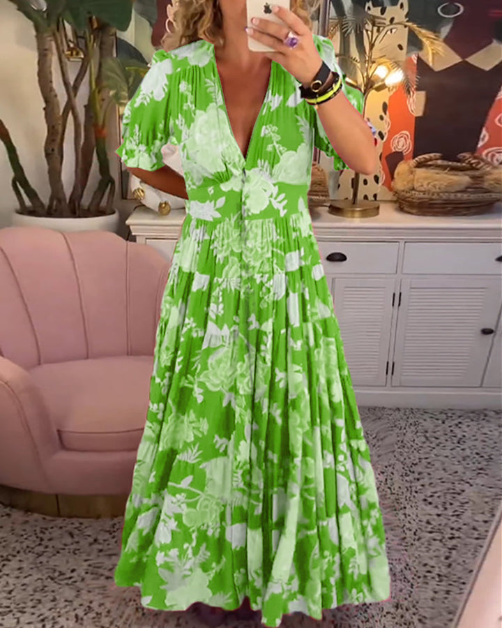 Reagan - V-hals korte mouwen bloemen maxi-jurk
