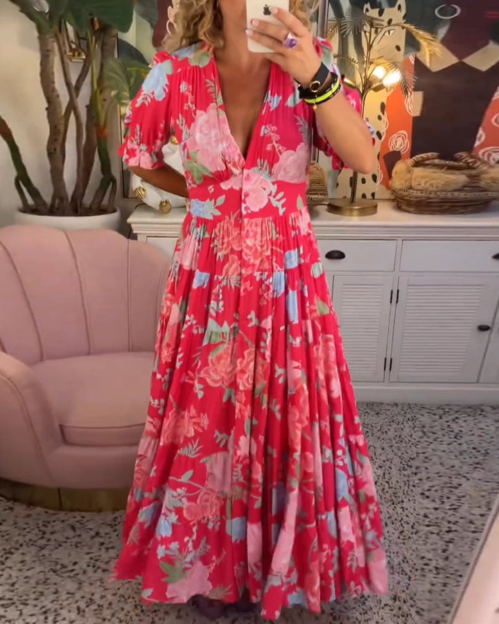 Reagan - V-hals korte mouwen bloemen maxi-jurk