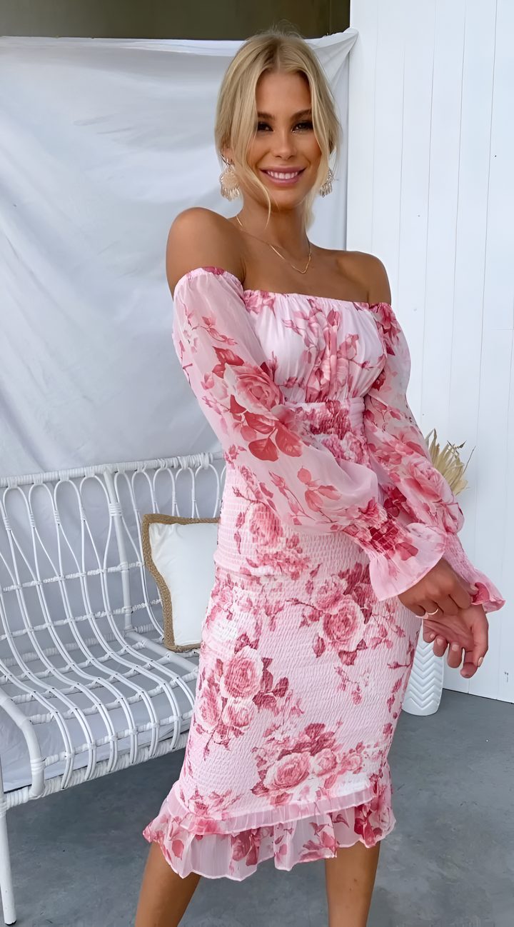 Nadia - Midi-jurk met bloemenprint en gesmokte taille en off-shouldermotief
