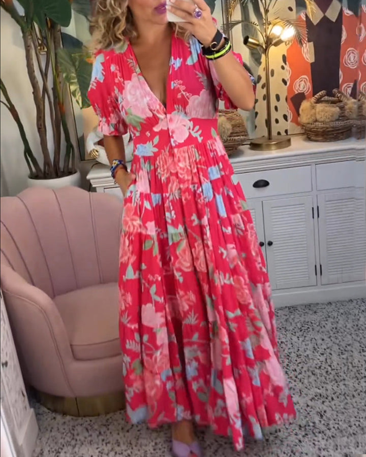 Reagan - V-hals korte mouwen bloemen maxi-jurk