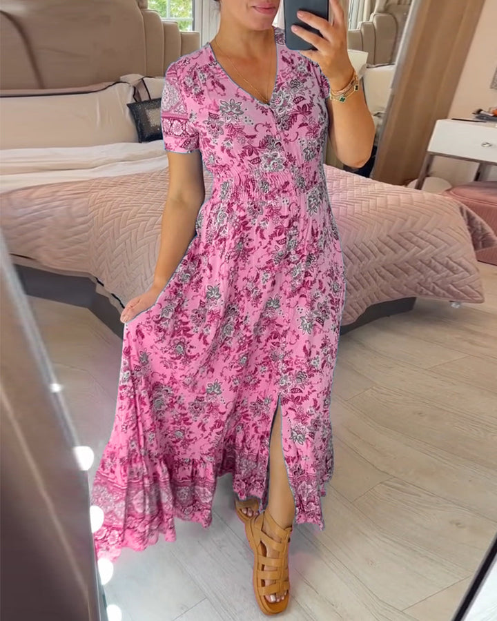 Ellie - Elegante jurk met bloemenprint en V-hals en plooien