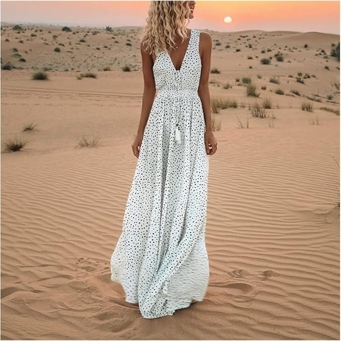 Noa - Boheemse elegantie maxi-jurk met V-hals en stippen