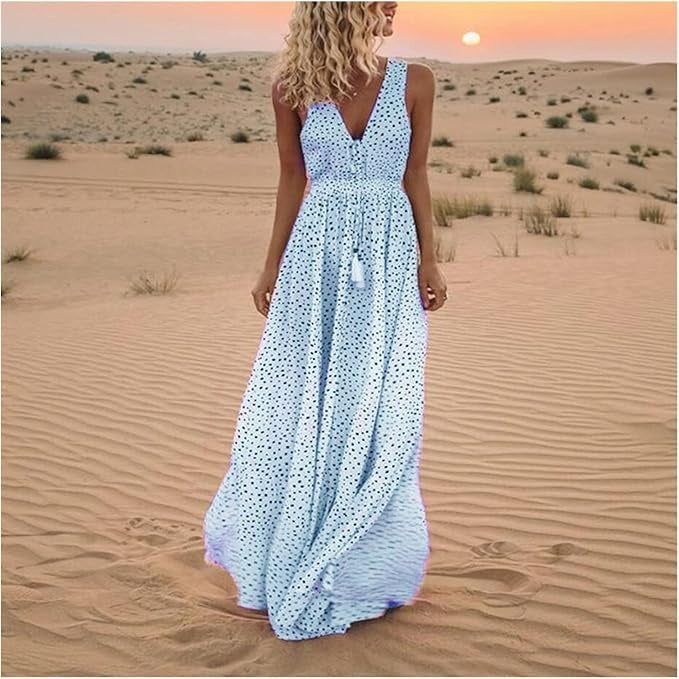Noa - Boheemse elegantie maxi-jurk met V-hals en stippen