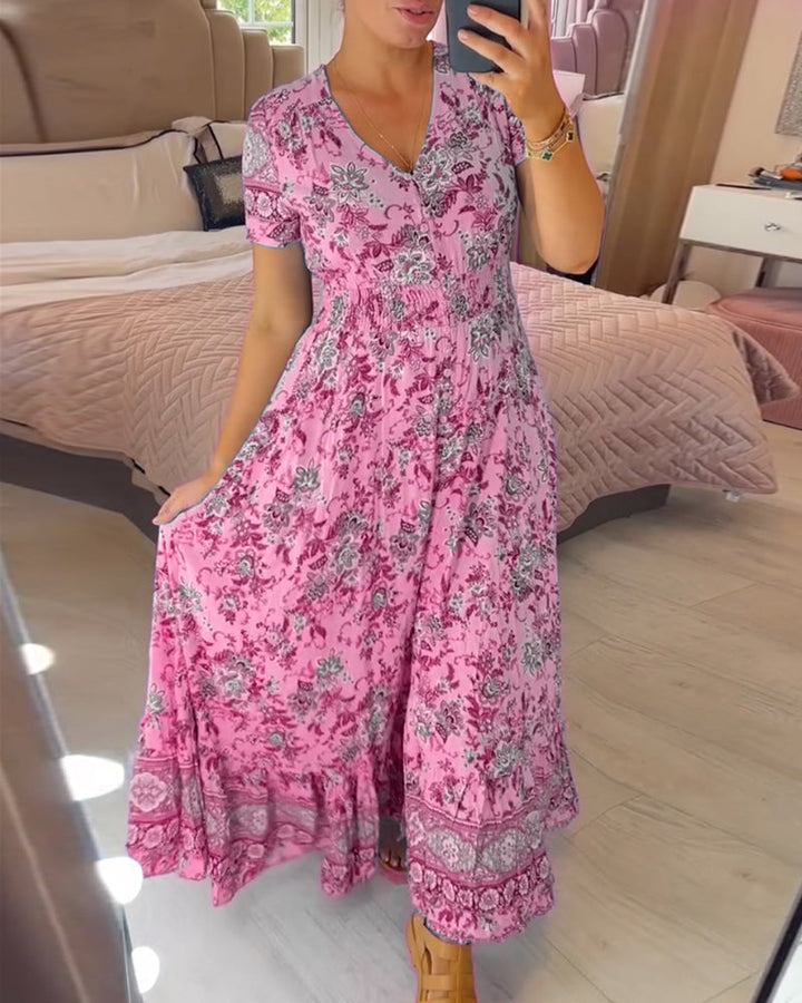 Ellie - Elegante jurk met bloemenprint en V-hals en plooien