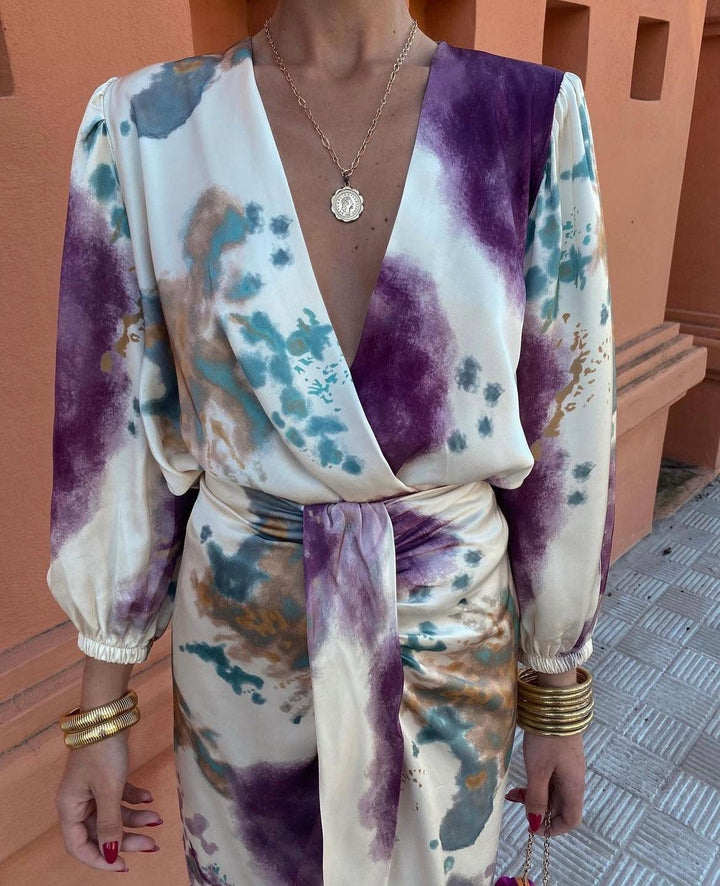 Davina - Elegante V-hals maxi-jurk met lange mouwen en split 