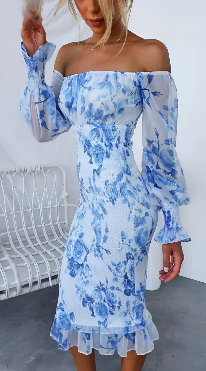 Nadia - Midi-jurk met bloemenprint en gesmokte taille en off-shouldermotief
