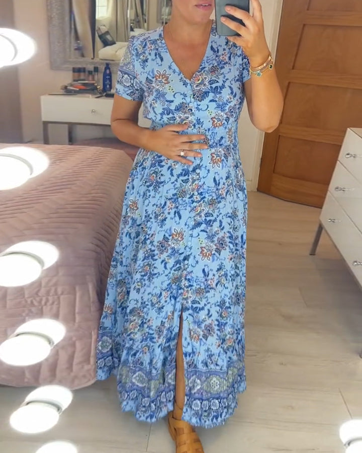 Ellie - Elegante jurk met bloemenprint en V-hals en plooien
