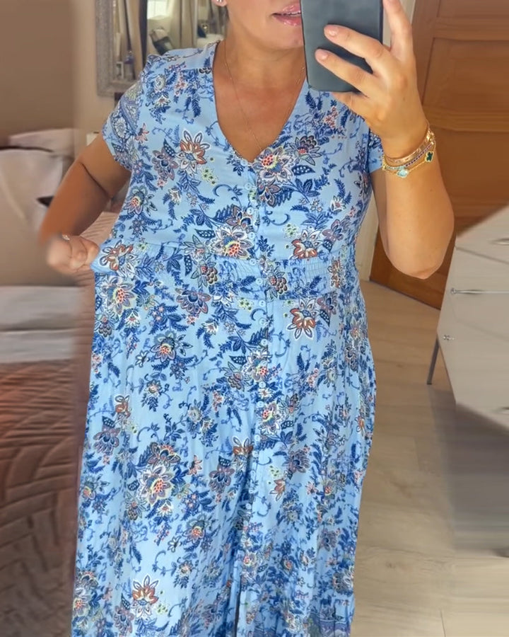 Ellie - Elegante jurk met bloemenprint en V-hals en plooien