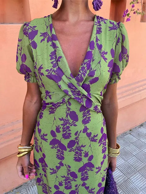 Lucinda - Boho V-hals bloemen geplooide jurk