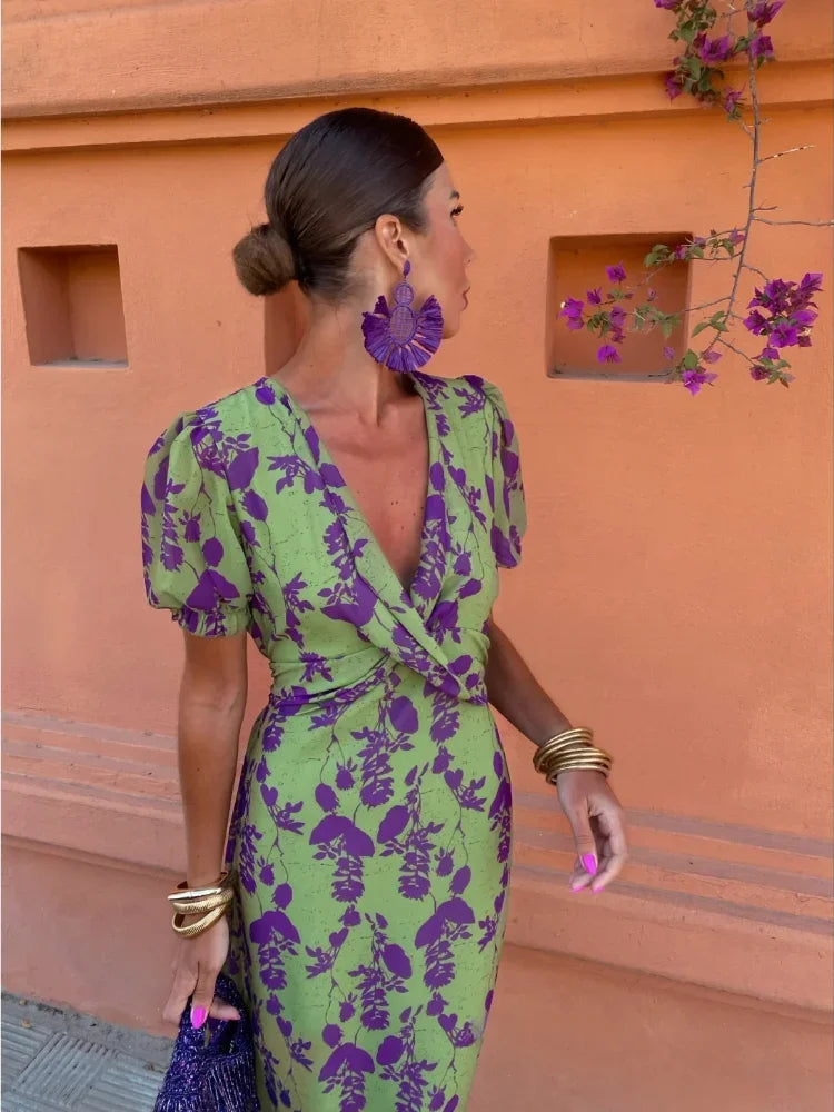 Lucinda - Boho V-hals bloemen geplooide jurk