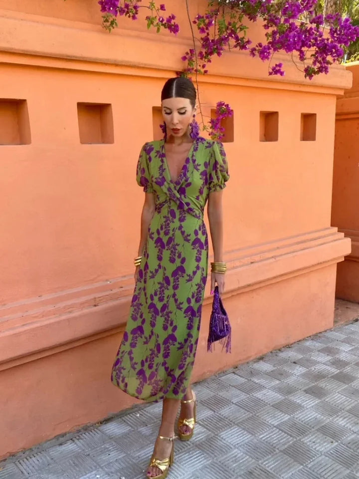 Lucinda - Boho V-hals bloemen geplooide jurk