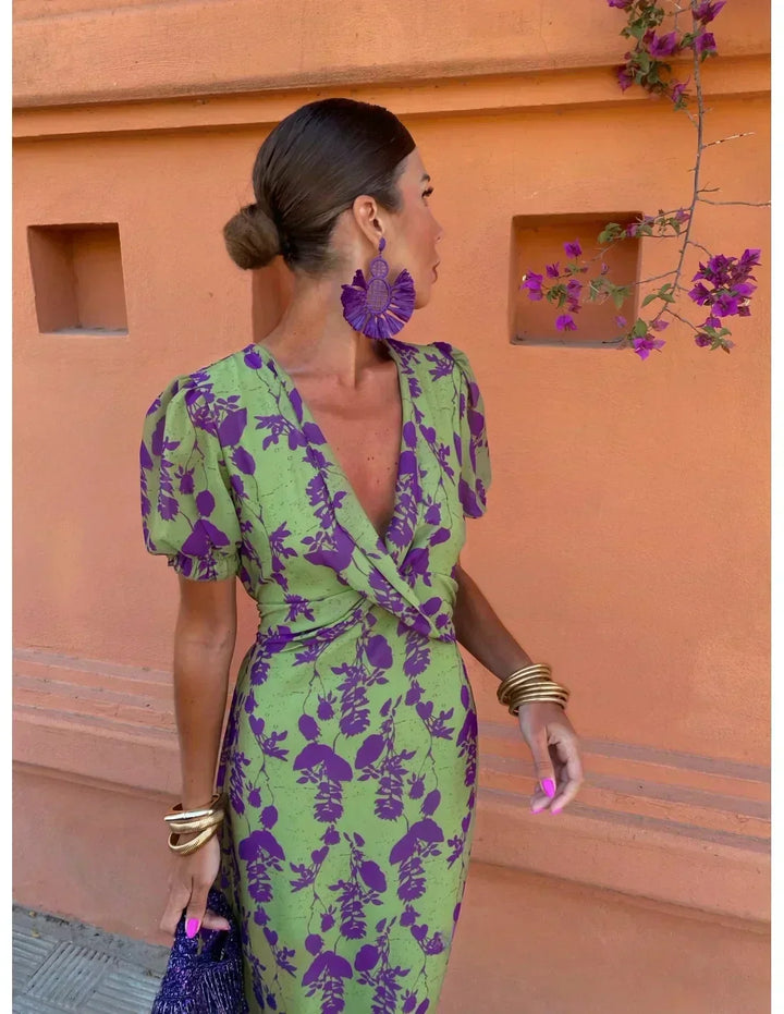 Lucinda - Boho V-hals bloemen geplooide jurk