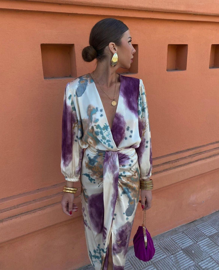 Davina - Elegante V-hals maxi-jurk met lange mouwen en split 