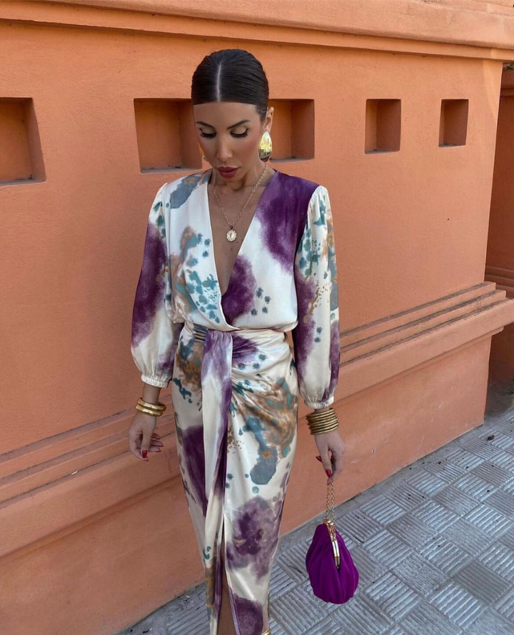 Davina - Elegante V-hals maxi-jurk met lange mouwen en split 