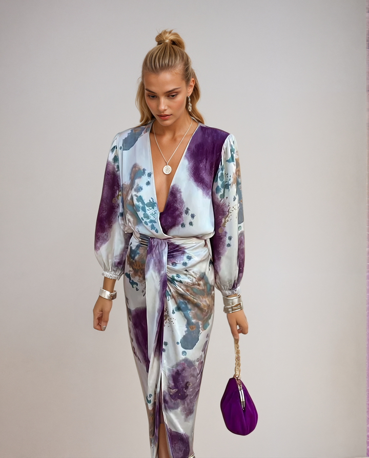 Davina - Elegante V-hals maxi-jurk met lange mouwen en split 