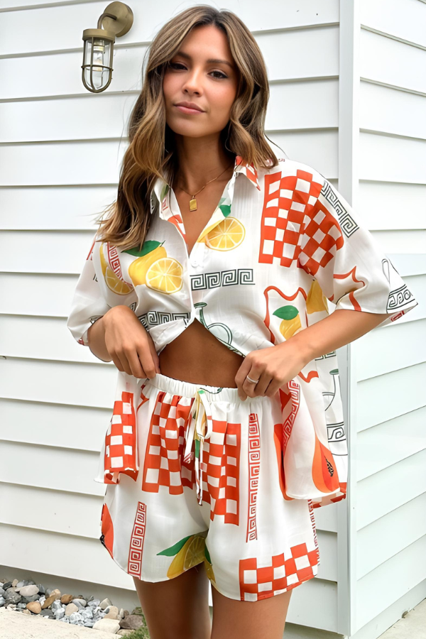 Erin - Oversized shirt- en shortsset met citroenprint
