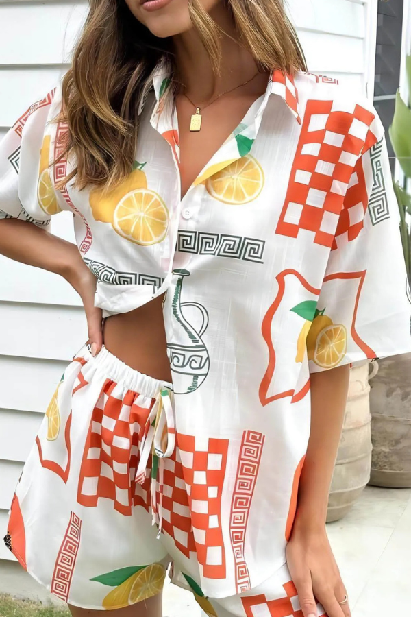 Erin - Oversized shirt- en shortsset met citroenprint