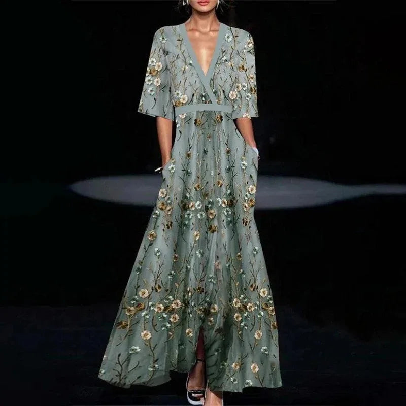 Ruby | Maxi-jurk met V-hals en bloemenprint en riem