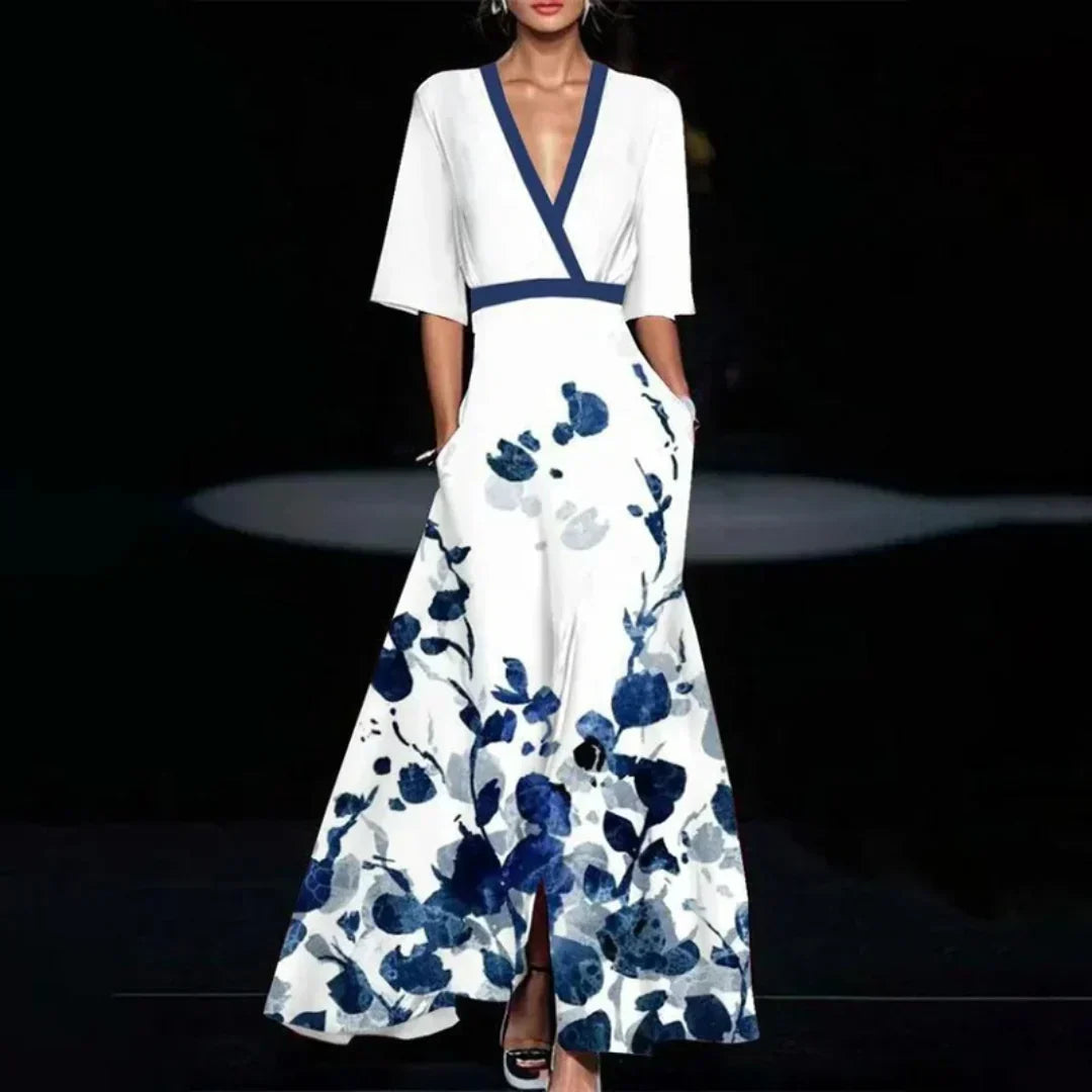 Ruby | Maxi-jurk met V-hals en bloemenprint en riem