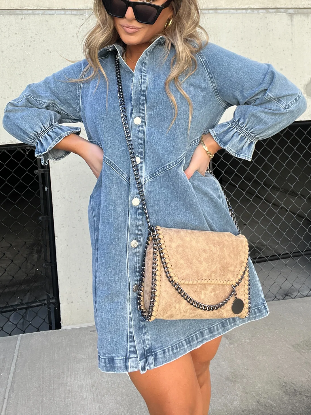 Galilea - Chique denim midi-jurk met omslagkraag
