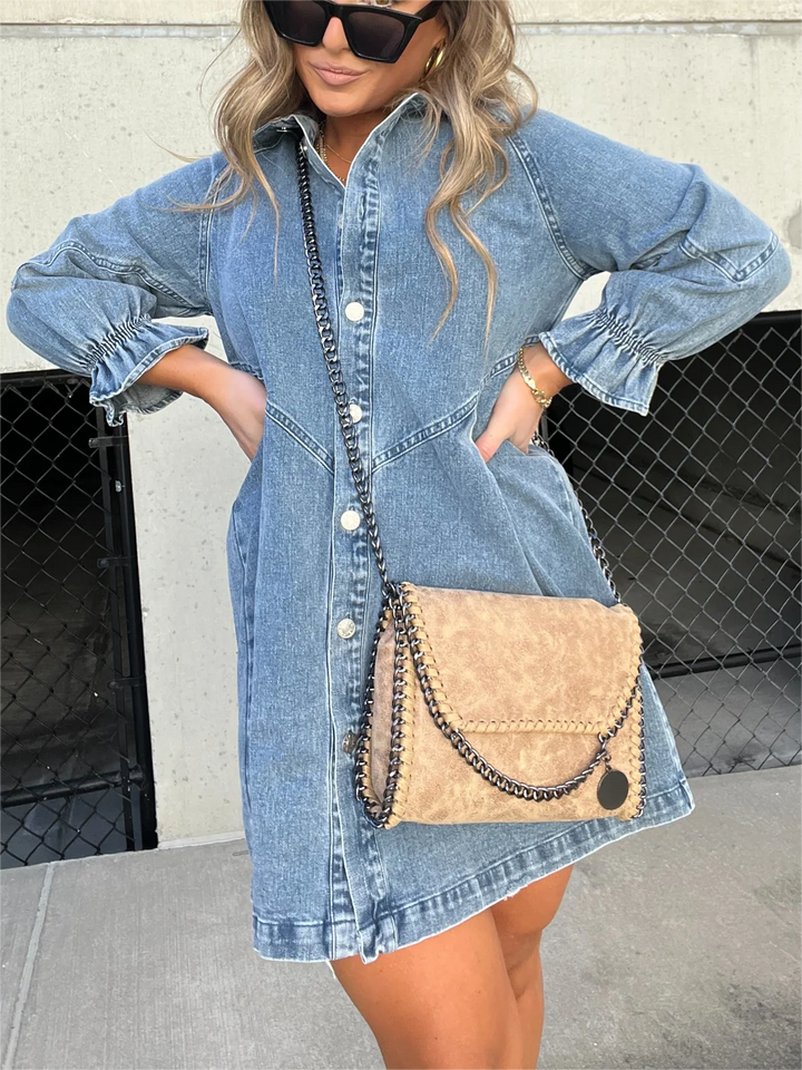 Galilea - Chique denim midi-jurk met omslagkraag