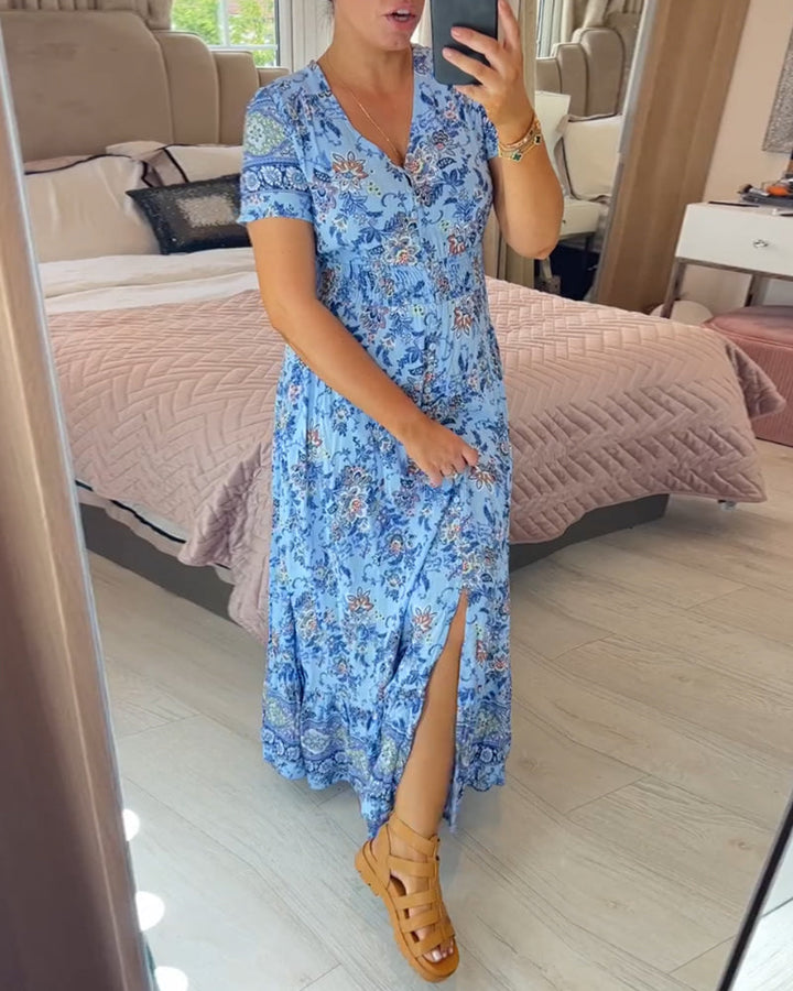 Ellie - Elegante jurk met bloemenprint en V-hals en plooien