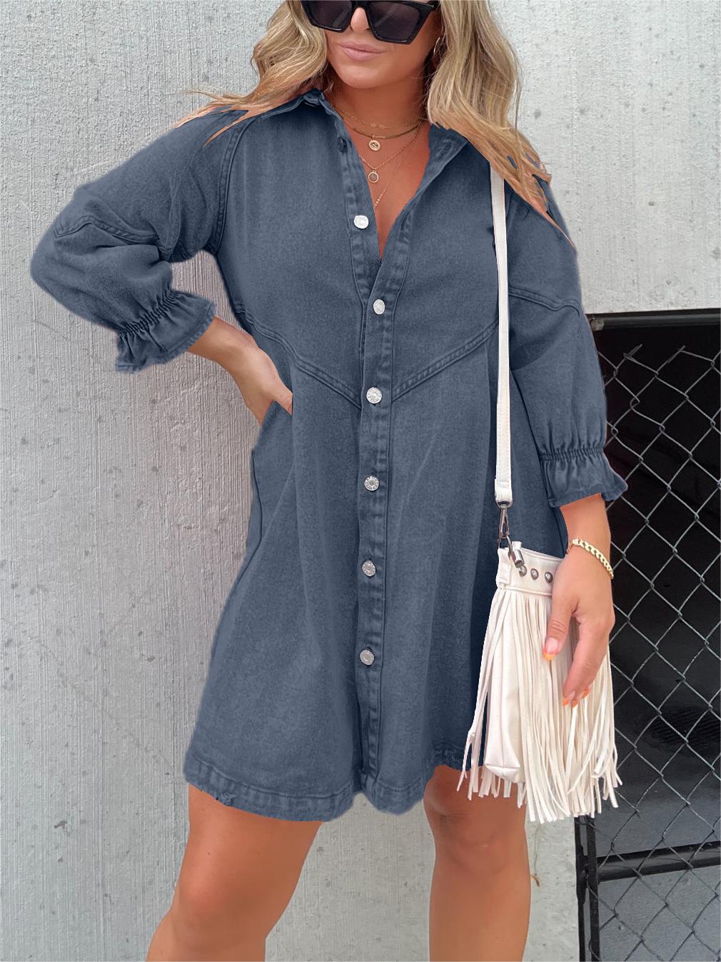 Galilea - Chique denim midi-jurk met omslagkraag