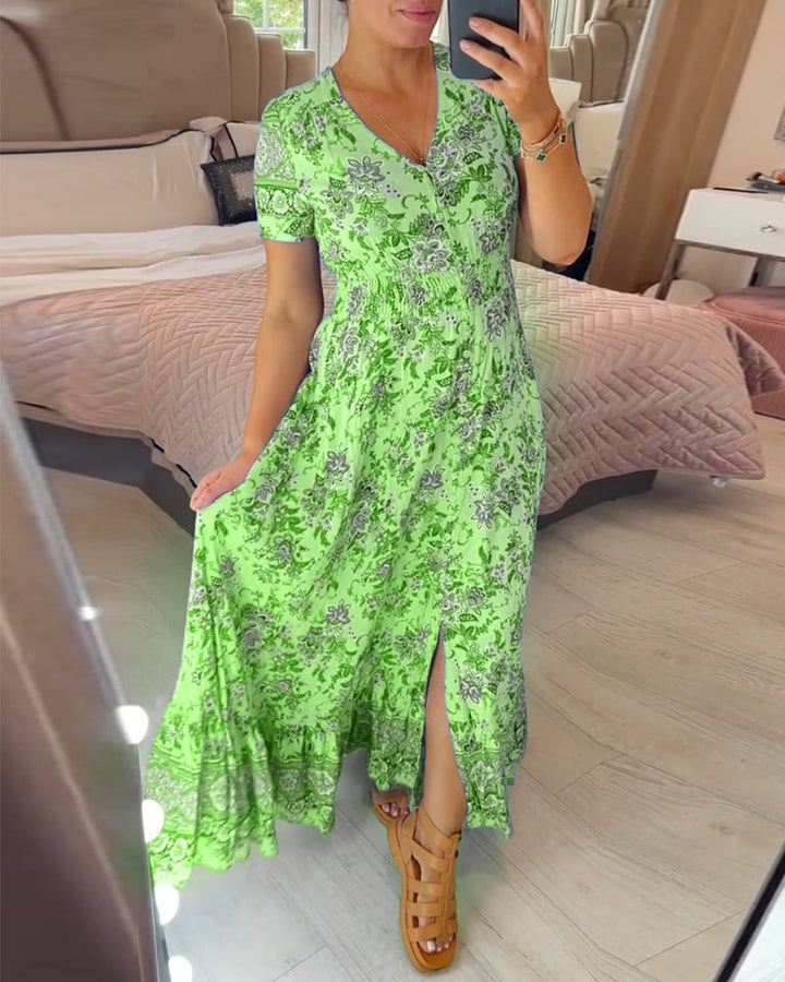 Ellie - Elegante jurk met bloemenprint en V-hals en plooien