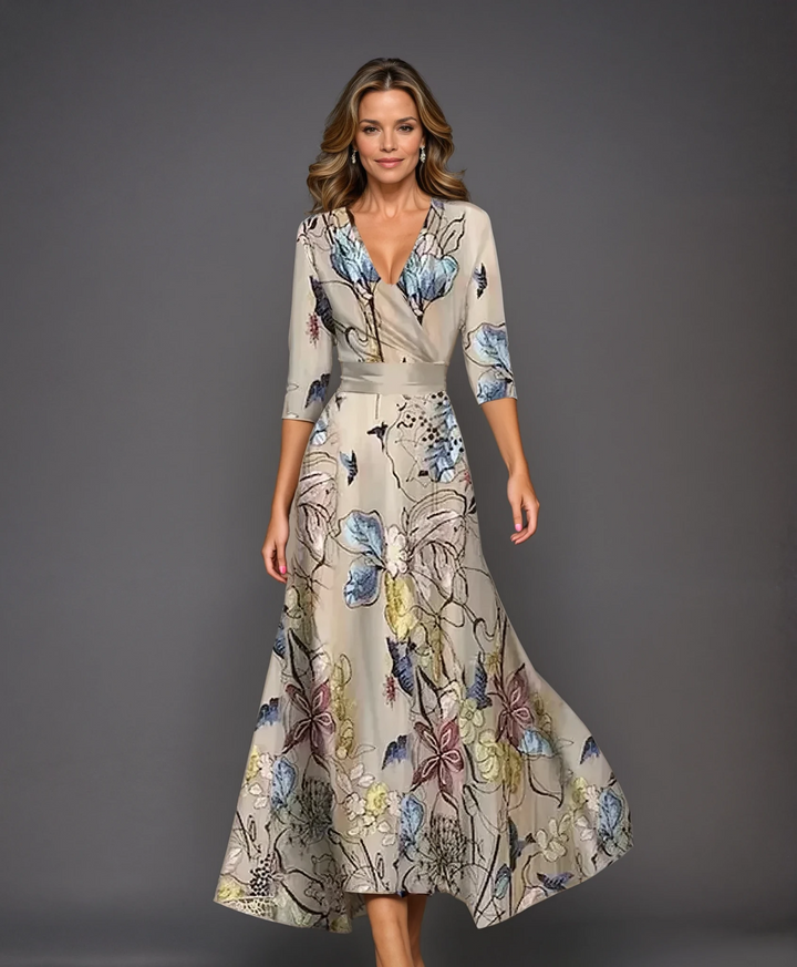 Emily - Bedrukte midi-jurk met hoge taille en middellange mouwen