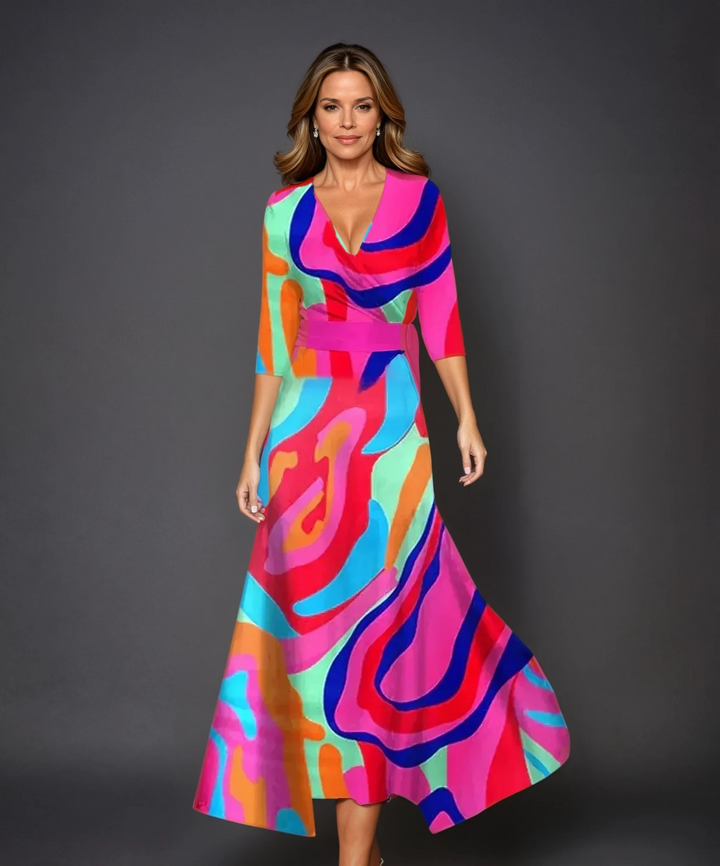 Emily - Bedrukte midi-jurk met hoge taille en middellange mouwen