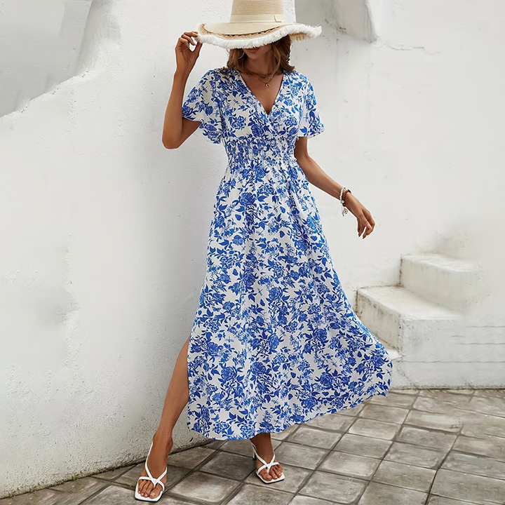 Bea - Bohemian V-hals blauwe strandjurk 