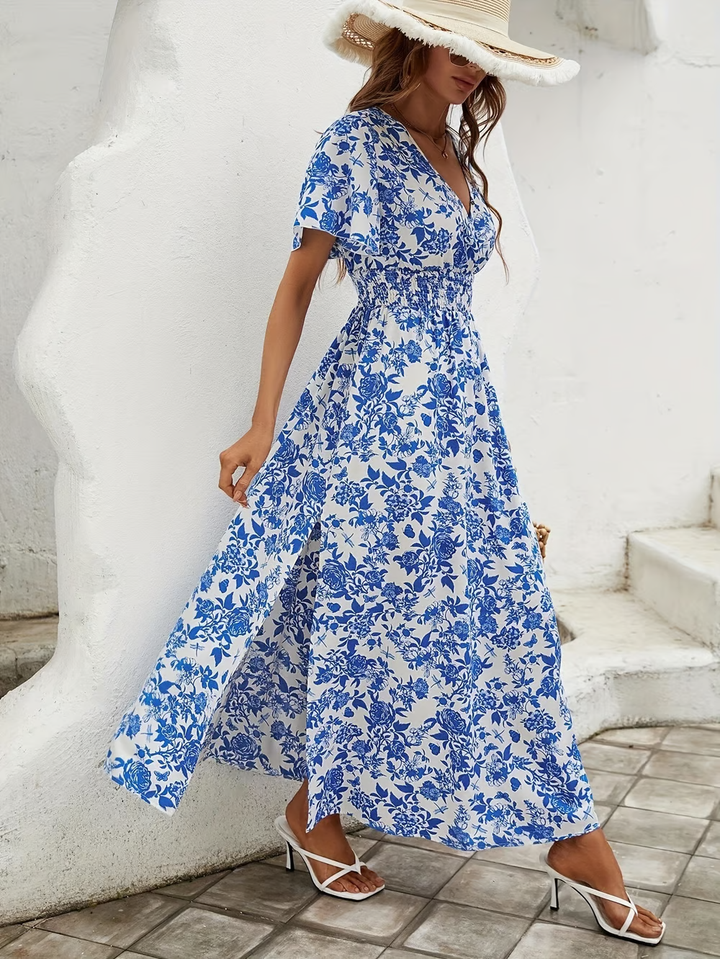 Bea - Bohemian V-hals blauwe strandjurk 