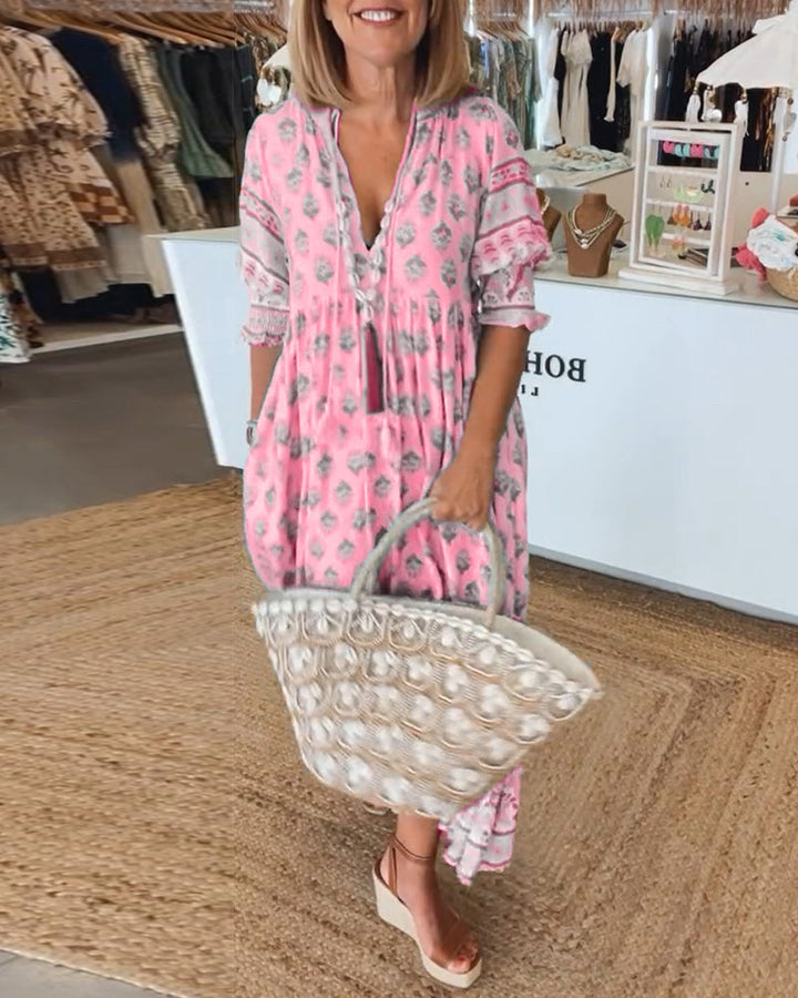 Peyton – Lange bohemian jurk met lantaarnmouwen