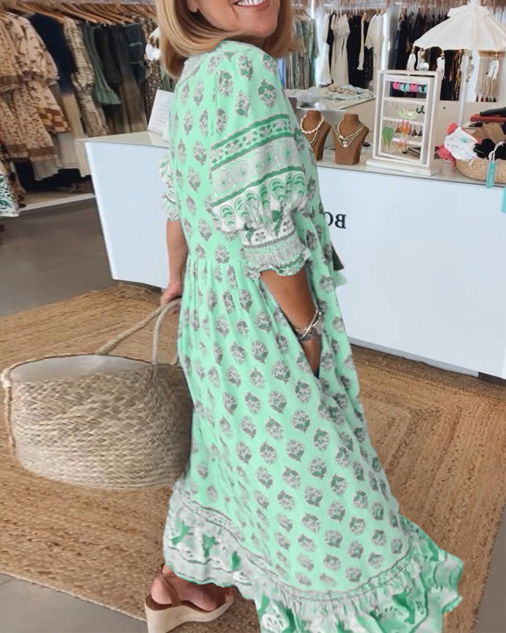 Peyton – Lange bohemian jurk met lantaarnmouwen